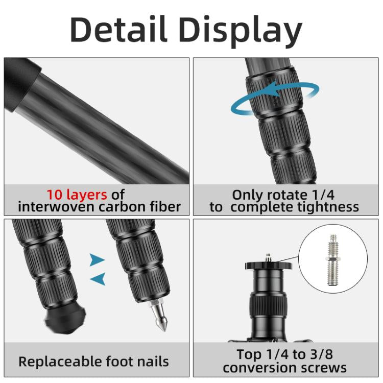 BEXIN W-334C Portable DSLR Camera 2 in 1 Carbon Fiber Tripod Detachable Monopod (Black) - Monopods by BEXIN | Online Shopping UK | buy2fix
