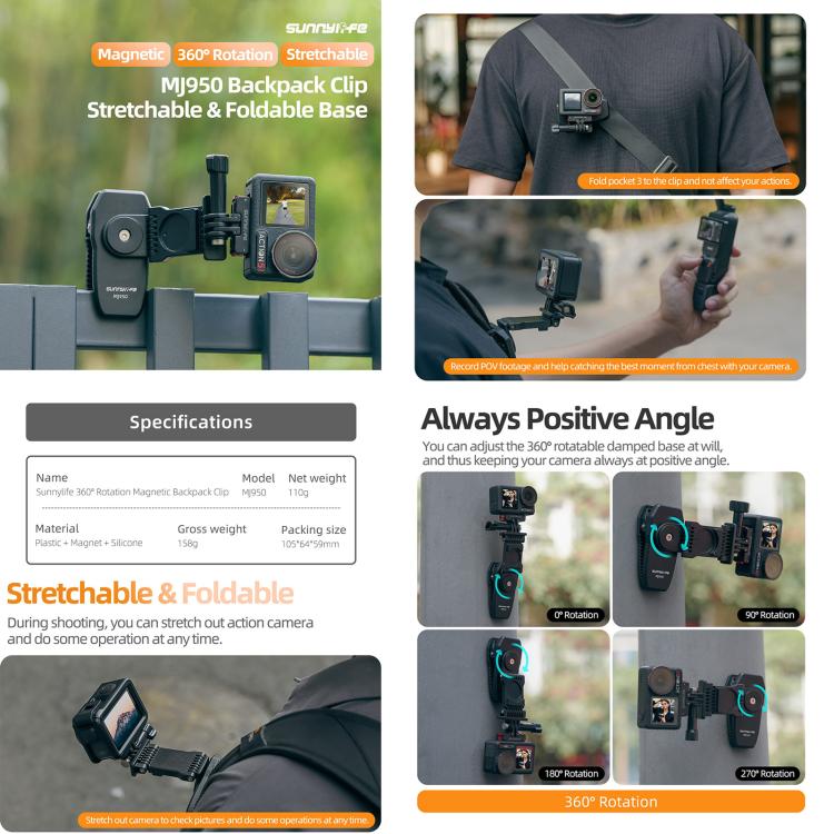 Sunnylife Stretchable Backpack Clip Rotatable Magnetic Mount Action Camera Holder Vlog Mount (Black) - Backpack Clip by Sunnylife | Online Shopping UK | buy2fix