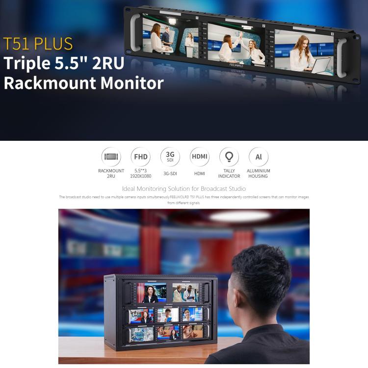 FEELWORLD T51 PLUS Triple 5.5 inch 2RU Rackmount Monitor Full HD 3G-SDI 4KHDMI AV Monitor (US Plug) - On-camera Monitors by FEELWORLD | Online Shopping UK | buy2fix