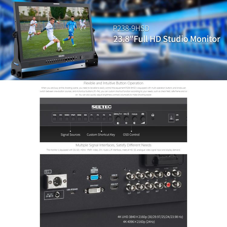 SEETEC P238-9HSD 23.8 inch 3G-SDI 4K HDMI Pro Broadcast LCD Monitor IPS Full HD 1920x1080 Monitor (UK Plug) - On-camera Monitors by SEETEC | Online Shopping UK | buy2fix