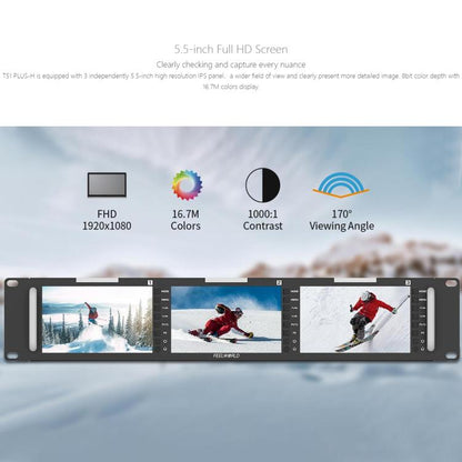 FEELWORLD T51 PLUS-H Triple 5.5 inch 2RU Rackmount Monitor Full HD 4K HDMI SDI AV Monitor (EU Plug) - On-camera Monitors by FEELWORLD | Online Shopping UK | buy2fix