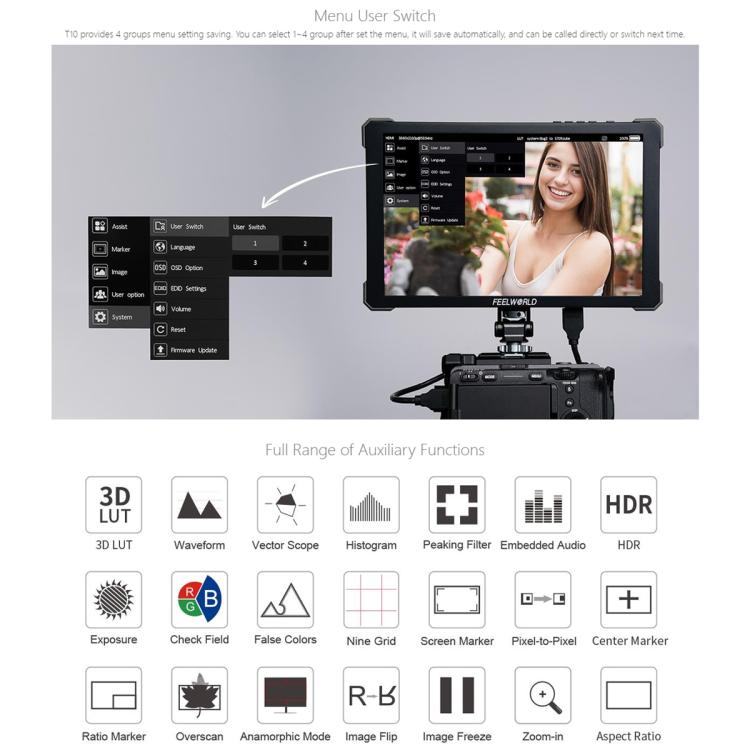FEELWORLD T10 10.1 inch Aluminium DSLR Camera Field Monitor Touch Screen 4K HDMI Monitor (Black) - On-camera Monitors by FEELWORLD | Online Shopping UK | buy2fix