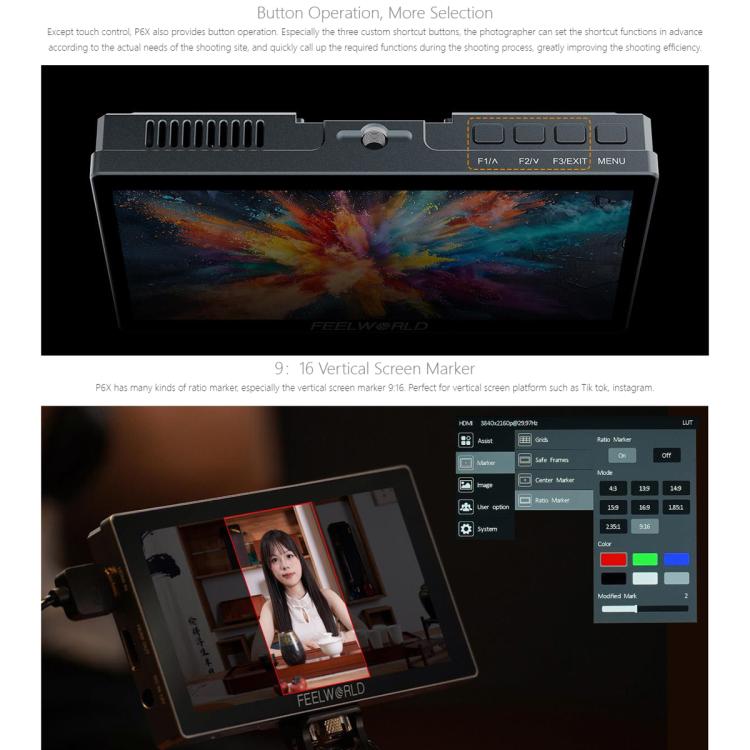 FEELWORLD P6X 5.5 inch Aluminium DSLR Camera Field Monitor Touch Screen 4K HDMI High Brightness 1000nit Monitor (Black) - On-camera Monitors by FEELWORLD | Online Shopping UK | buy2fix