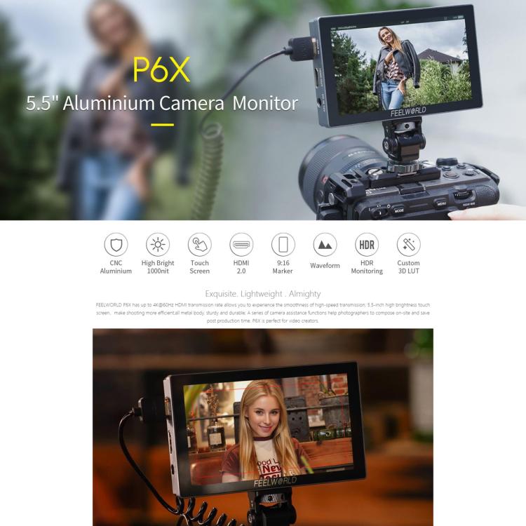 FEELWORLD P6X 5.5 inch Aluminium DSLR Camera Field Monitor Touch Screen 4K HDMI High Brightness 1000nit Monitor (Black) - On-camera Monitors by FEELWORLD | Online Shopping UK | buy2fix