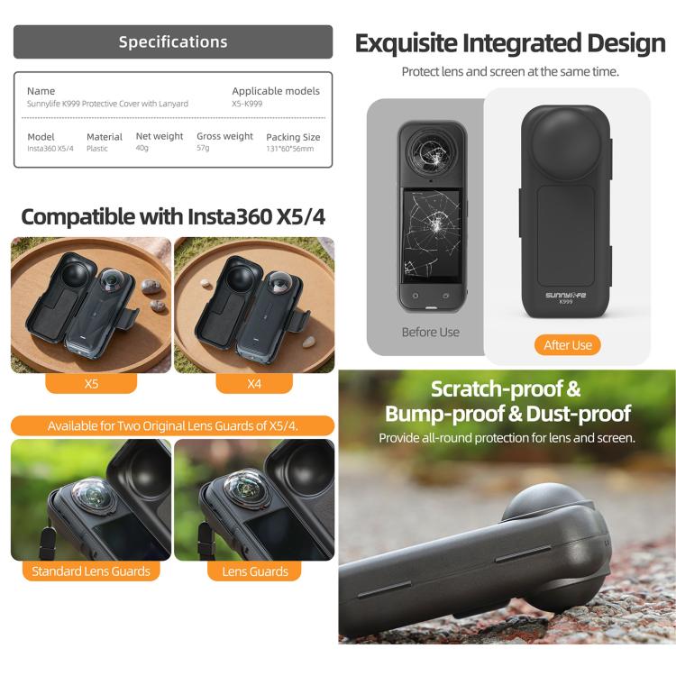For Insta360 X5 / X4 Sunnylife Integrated Lens Screen Protective Cover Camera Case with Strap (Black) - Case & Bags by Sunnylife | Online Shopping UK | buy2fix