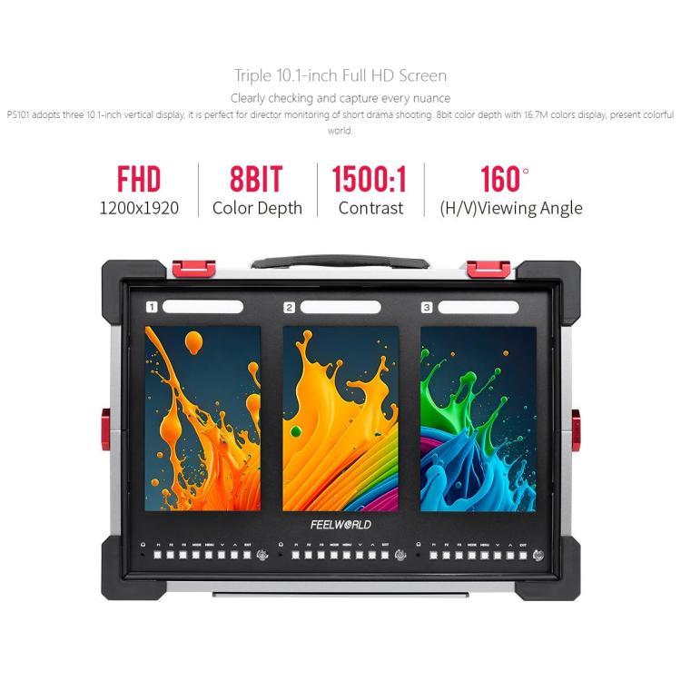FEELWORLD PS101 Triple 10.1-inch Vertical Dispaly Carry-on Monitor High Brightness 1000nit Portable Protective Case (EU Plug) - On-camera Monitors by FEELWORLD | Online Shopping UK | buy2fix