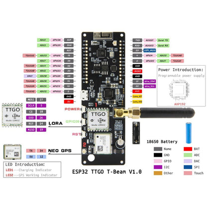 TTGO T-Beam ESP32 Bluetooth WiFi Module 868MHz GPS NEO-M8N LORA 32 Module with Antenna & 18650 Battery Holder by TTGO