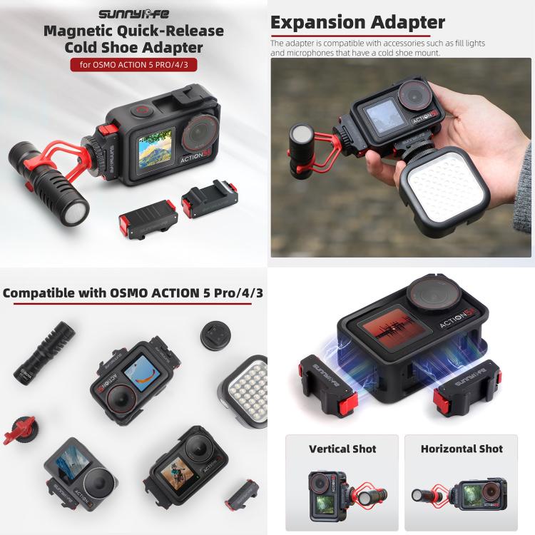 For DJI Osmo Action 5 Pro / 4 / 3 Sunnylife Foldable Magnetic Quick Release Mount + Magnetic Cold Shoe Adapter (Black) - Mount & Holder by Sunnylife | Online Shopping UK | buy2fix