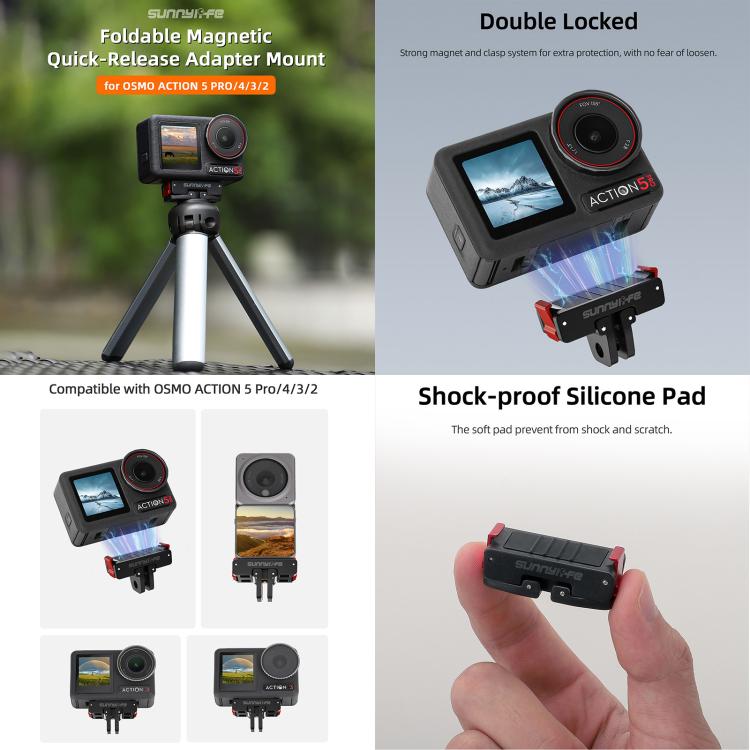 For DJI Osmo Action 5 Pro / 4 / 3 Sunnylife Foldable Magnetic Quick Release Mount + Magnetic Cold Shoe Adapter (Black) - Mount & Holder by Sunnylife | Online Shopping UK | buy2fix