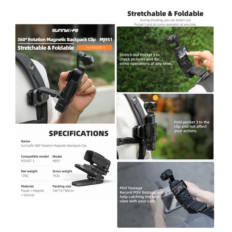 For DJI Osmo Pocket 3 Sunnylife Stretchable Backpack Clip Rotatable Magnetic Mount Action Camera Holder Vlog Mount (Black) - Mount & Holder by buy2fix | Online Shopping UK | buy2fix
