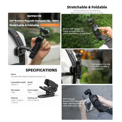 For DJI Osmo Pocket 3 Sunnylife Stretchable Backpack Clip Rotatable Magnetic Mount Action Camera Holder Vlog Mount (Black) - Mount & Holder by buy2fix | Online Shopping UK | buy2fix