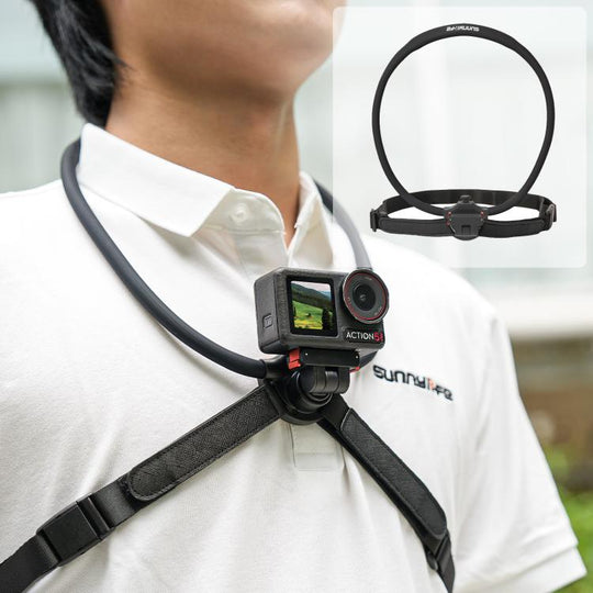 Sunnylife Magnetic POV Neck Mount Hand Free Video Vlog Neck Adjustable Selfie Holder with Body Strap For DJI Osmo 360 / Action 5 Pro / 4 / 3 / 2 (Black)