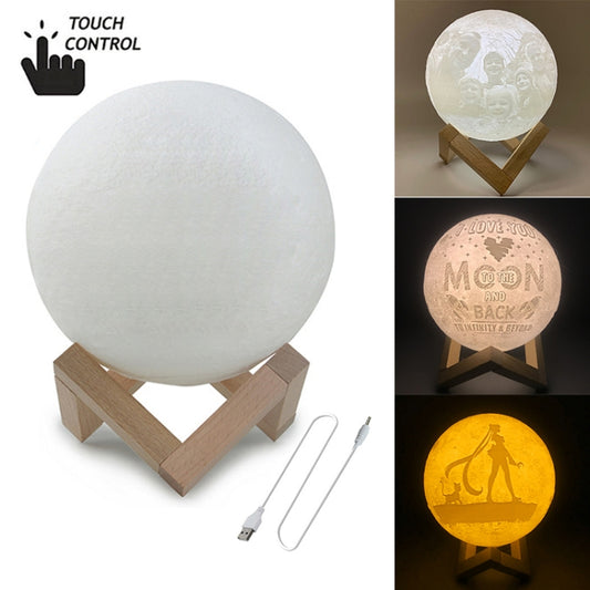 Customized Touch Switch 3-color 3D Print Moon Lamp USB Charging Energy-saving LED Night Light with Wooden Holder Base, Diameter:15cm by buy2fix