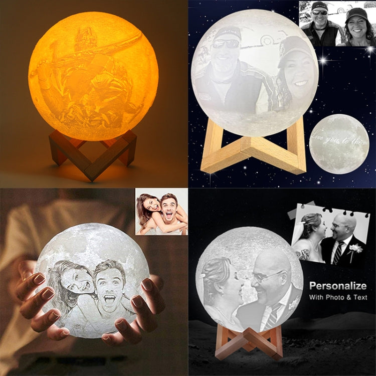 Customized Touch Switch 2-color 3D Print Moon Lamp USB Charging Energy-saving LED Night Light with Wooden Holder Base, Diameter:8cm by buy2fix