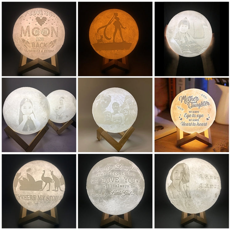 Customized Touch Switch 2-color 3D Print Moon Lamp USB Charging Energy-saving LED Night Light with Wooden Holder Base, Diameter:8cm by buy2fix