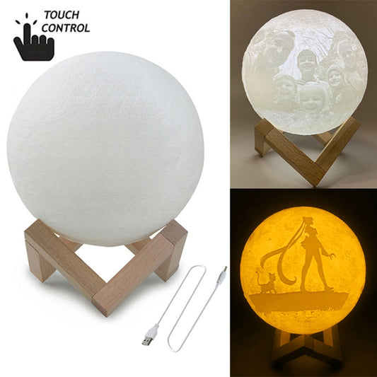 Customized Touch Switch 2-color 3D Print Moon Lamp USB Charging Energy-saving LED Night Light with Wooden Holder Base, Diameter:15cm by buy2fix