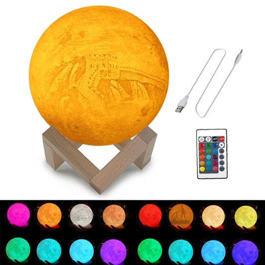 Customized 16-colors 3D Print Lamp USB Charging Energy-saving LED Night Light with Remote Control & Wooden Holder Base, Diameter:20cm by buy2fix
