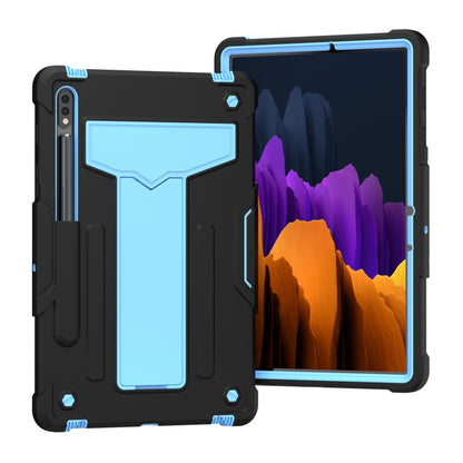 For Samsung Galaxy Tab S8 / Galaxy Tab S7 T870 / T875 T-shaped Bracket Contrast Color Shockproof PC + Silicone Protective Case(Black+Blue) by buy2fix