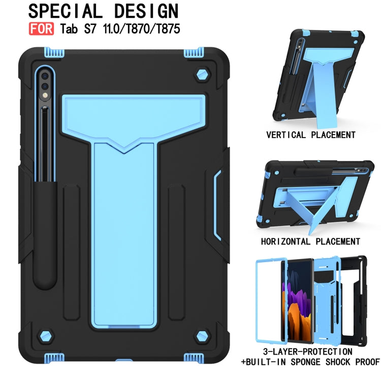 For Samsung Galaxy Tab S8 / Galaxy Tab S7 T870 / T875 T-shaped Bracket Contrast Color Shockproof PC + Silicone Protective Case(Black+Blue) by buy2fix
