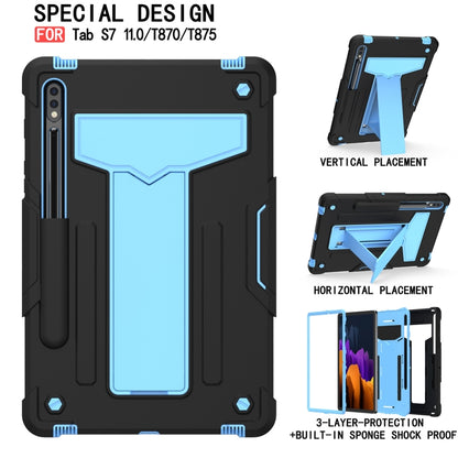 For Samsung Galaxy Tab S8 / Galaxy Tab S7 T870 / T875 T-shaped Bracket Contrast Color Shockproof PC + Silicone Protective Case(Black+Blue) by buy2fix