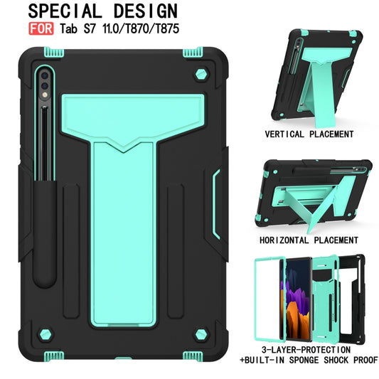 For Samsung Galaxy Tab S8 / Galaxy Tab S7 T870 / T875 T-shaped Bracket Contrast Color Shockproof PC + Silicone Protective Case(Black+Mint Geen) by buy2fix
