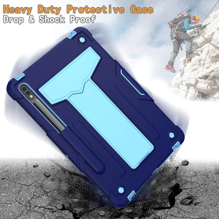 For Samsung Galaxy Tab S8 / Galaxy Tab S7 T870 / T875 T-shaped Bracket Contrast Color Shockproof PC + Silicone Protective Case(Navy+Blue) by buy2fix