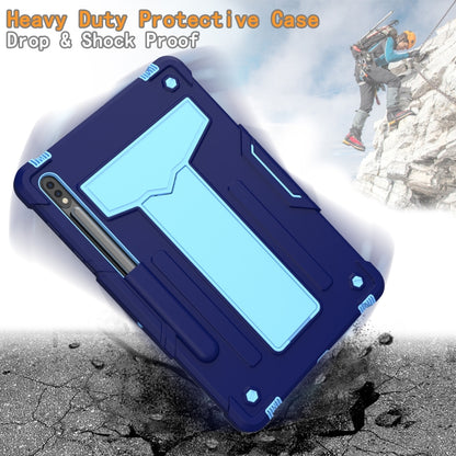 For Samsung Galaxy Tab S8 / Galaxy Tab S7 T870 / T875 T-shaped Bracket Contrast Color Shockproof PC + Silicone Protective Case(Navy+Blue) by buy2fix