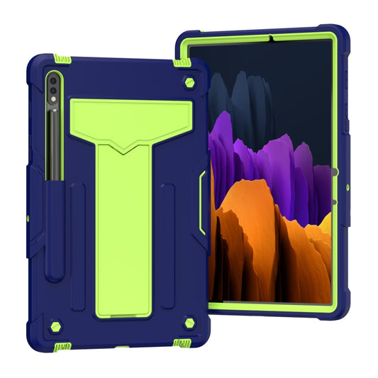 For Samsung Galaxy Tab S8 / Galaxy Tab S7 T870 / T875 T-shaped Bracket Contrast Color Shockproof PC + Silicone Protective Case(Navy+Green) by buy2fix