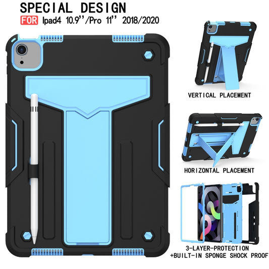For iPad Air 2022 / 2020 10.9 / iPad Pro 11 T-shaped Bracket Contrast Color Shockproof PC + Silicone Protective Case(Black+Blue) - iPad Air (2022) / (2020) 10.9 Cases by buy2fix | Online Shopping UK | buy2fix