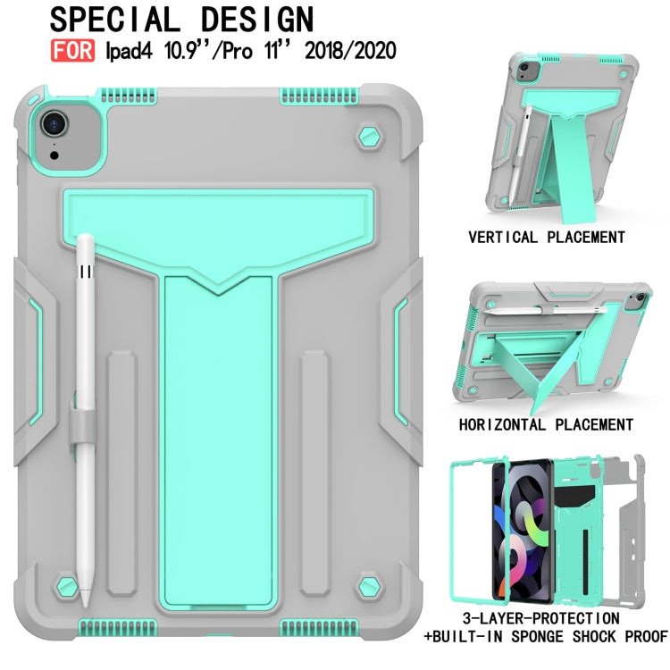 For iPad Air 2022 / 2020 10.9 / iPad Pro 11 T-shaped Bracket Contrast Color Shockproof PC + Silicone Protective Case(Grey+Mint Green) - iPad Air (2022) / (2020) 10.9 Cases by buy2fix | Online Shopping UK | buy2fix