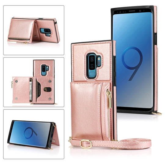 For Samsung Galaxy S9 Plus Square Zipper Wallet Bag TPU+PU Back Cover Case with Holder & Card Slots & Wallet & Cross-body Strap(Rose Glod)
