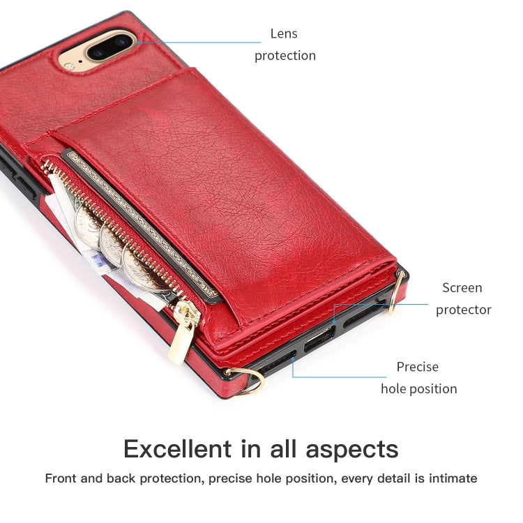 Square Zipper Wallet Bag TPU+PU Back Cover Case with Holder & Card Slots & Wallet & Cross-body Strap For iPhone 8 Plus / 7 Plus(Red) - More iPhone Cases by buy2fix | Online Shopping UK | buy2fix