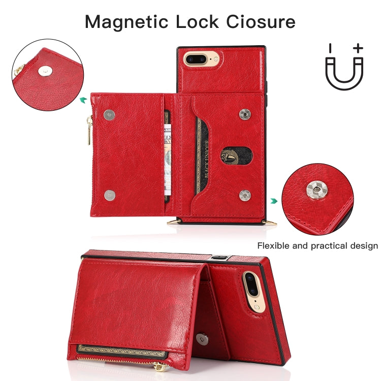 Square Zipper Wallet Bag TPU+PU Back Cover Case with Holder & Card Slots & Wallet & Cross-body Strap For iPhone 8 Plus / 7 Plus(Red) - More iPhone Cases by buy2fix | Online Shopping UK | buy2fix
