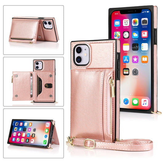 For iPhone 11 Square Zipper Wallet Bag TPU+PU Back Cover Case with Holder & Card Slots & Wallet & Cross-body Strap (Rose Glod) - iPhone 11 Cases by buy2fix | Online Shopping UK | buy2fix