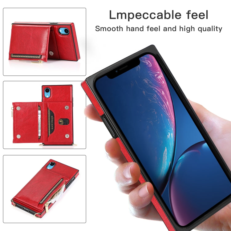 For iPhone XR Square Zipper Wallet Bag TPU+PU Back Cover Case with Holder & Card Slots & Wallet & Cross-body Strap(Red) - More iPhone Cases by buy2fix | Online Shopping UK | buy2fix