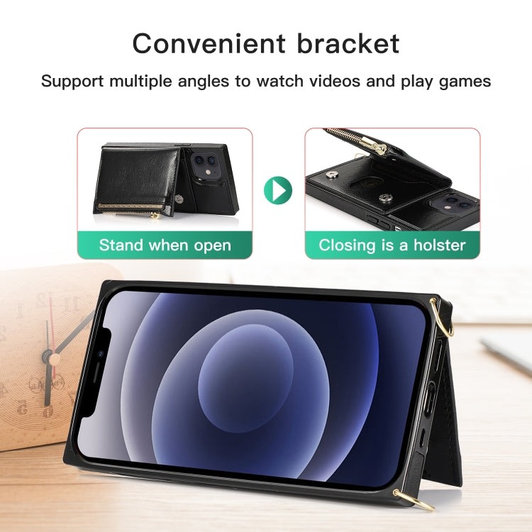 For iPhone 12 mini Square Zipper Wallet Bag TPU+PU Back Cover Case with Holder & Card Slots & Wallet & Cross-body Strap (Black) - iPhone 12 mini Cases by buy2fix | Online Shopping UK | buy2fix