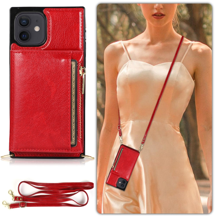 For iPhone 12 mini Square Zipper Wallet Bag TPU+PU Back Cover Case with Holder & Card Slots & Wallet & Cross-body Strap (Red) - iPhone 12 mini Cases by buy2fix | Online Shopping UK | buy2fix