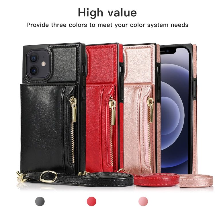 For iPhone 12 mini Square Zipper Wallet Bag TPU+PU Back Cover Case with Holder & Card Slots & Wallet & Cross-body Strap (Red) - iPhone 12 mini Cases by buy2fix | Online Shopping UK | buy2fix