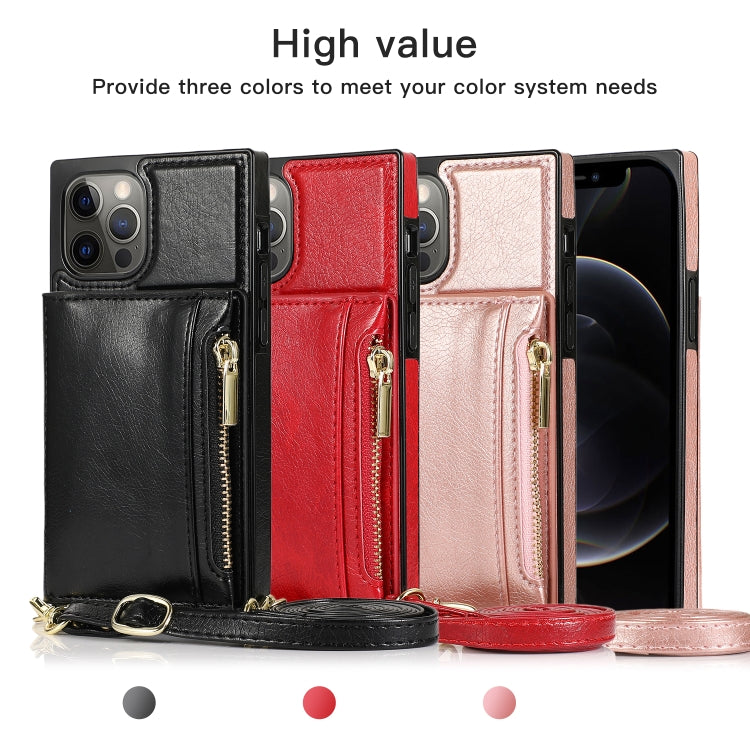 For iPhone 12 / 12 Pro Square Zipper Wallet Bag TPU+PU Back Cover Case with Holder & Card Slots & Wallet & Cross-body Strap(Black) - iPhone 12 / 12 Pro Cases by buy2fix | Online Shopping UK | buy2fix