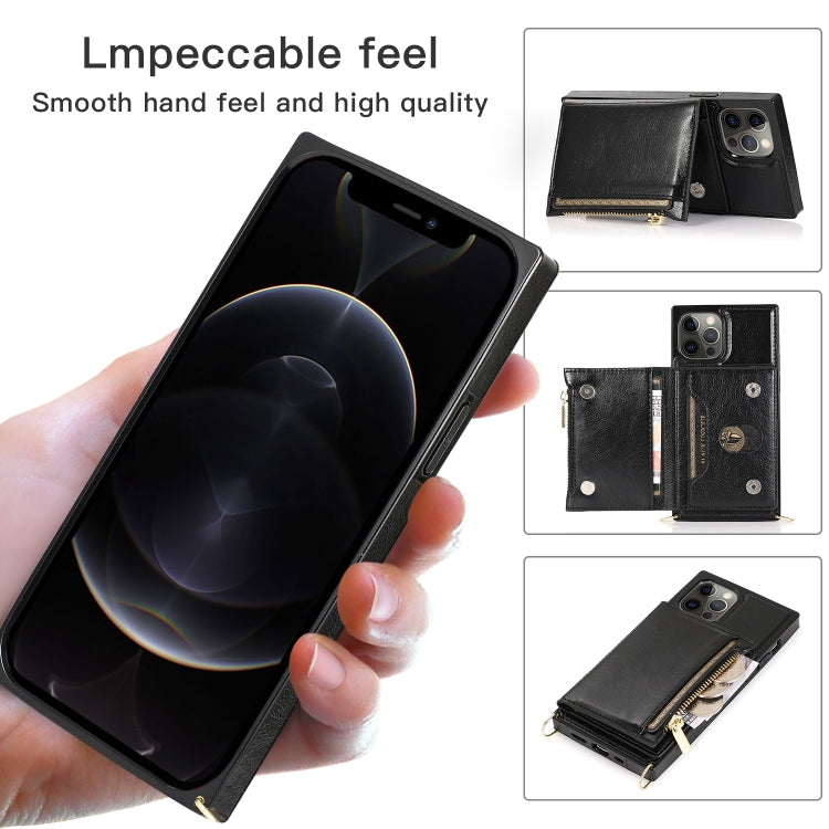 For iPhone 12 / 12 Pro Square Zipper Wallet Bag TPU+PU Back Cover Case with Holder & Card Slots & Wallet & Cross-body Strap(Black) - iPhone 12 / 12 Pro Cases by buy2fix | Online Shopping UK | buy2fix