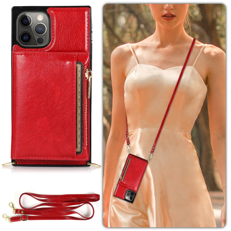 For iPhone 12 / 12 Pro Square Zipper Wallet Bag TPU+PU Back Cover Case with Holder & Card Slots & Wallet & Cross-body Strap(Red) - iPhone 12 / 12 Pro Cases by buy2fix | Online Shopping UK | buy2fix