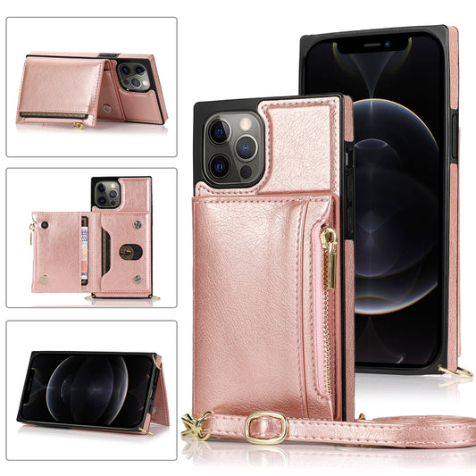 For iPhone 12 Pro Max Square Zipper Wallet Bag TPU+PU Back Cover Case with Holder & Card Slots & Wallet & Cross-body Strap(Rose Glod) - iPhone 12 Pro Max Cases by buy2fix | Online Shopping UK | buy2fix