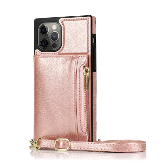 For iPhone 12 Pro Max Square Zipper Wallet Bag TPU+PU Back Cover Case with Holder & Card Slots & Wallet & Cross-body Strap(Rose Glod) - iPhone 12 Pro Max Cases by buy2fix | Online Shopping UK | buy2fix