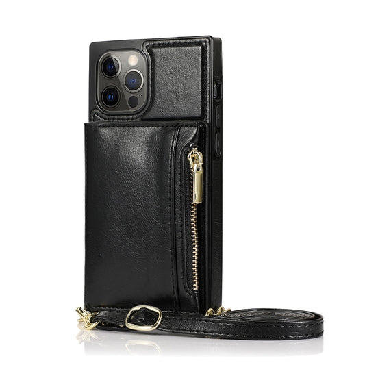 For iPhone 12 Pro Max Square Zipper Wallet Bag TPU+PU Back Cover Case with Holder & Card Slots & Wallet & Cross-body Strap(Black) - iPhone 12 Pro Max Cases by buy2fix | Online Shopping UK | buy2fix