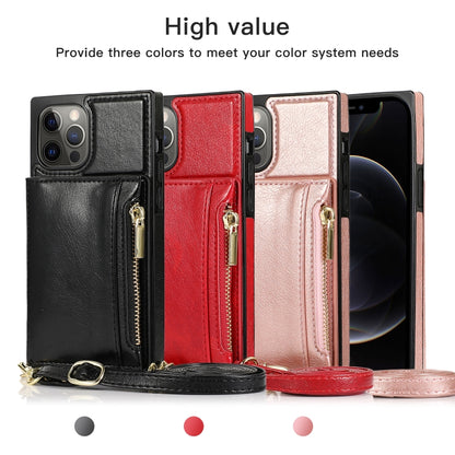 For iPhone 12 Pro Max Square Zipper Wallet Bag TPU+PU Back Cover Case with Holder & Card Slots & Wallet & Cross-body Strap(Red) - iPhone 12 Pro Max Cases by buy2fix | Online Shopping UK | buy2fix