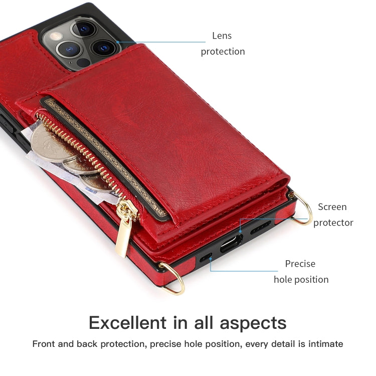 For iPhone 12 Pro Max Square Zipper Wallet Bag TPU+PU Back Cover Case with Holder & Card Slots & Wallet & Cross-body Strap(Red) - iPhone 12 Pro Max Cases by buy2fix | Online Shopping UK | buy2fix