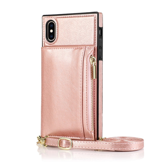 For iPhone XS Max Square Zipper Wallet Bag TPU+PU Back Cover Case with Holder & Card Slots & Wallet & Cross-body Strap(Rose Glod) - More iPhone Cases by buy2fix | Online Shopping UK | buy2fix