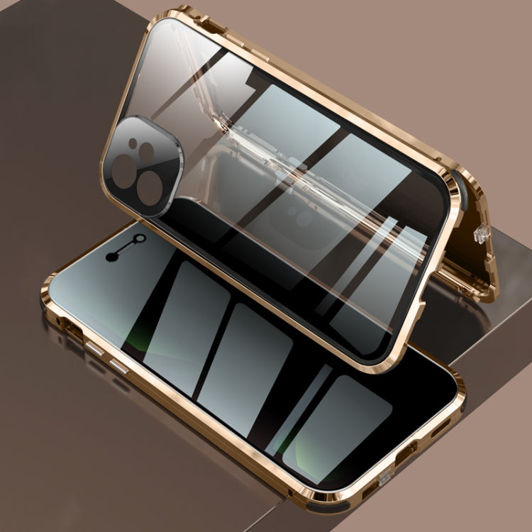 For iPhone 12 Four-corner Shockproof Anti-peeping Magnetic Metal Frame Double-sided Tempered Glass Case(Gold) by buy2fix