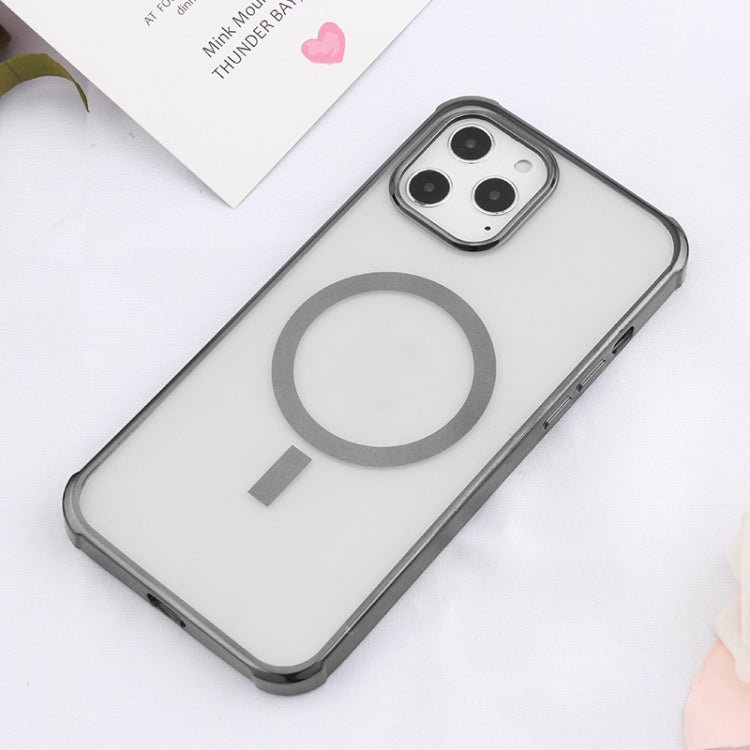 For iPhone 12 Pro Max Straight Side Laser Plating Full Coverage Clear TPU Shockproof Magsafe Case(Graphite Black) by buy2fix