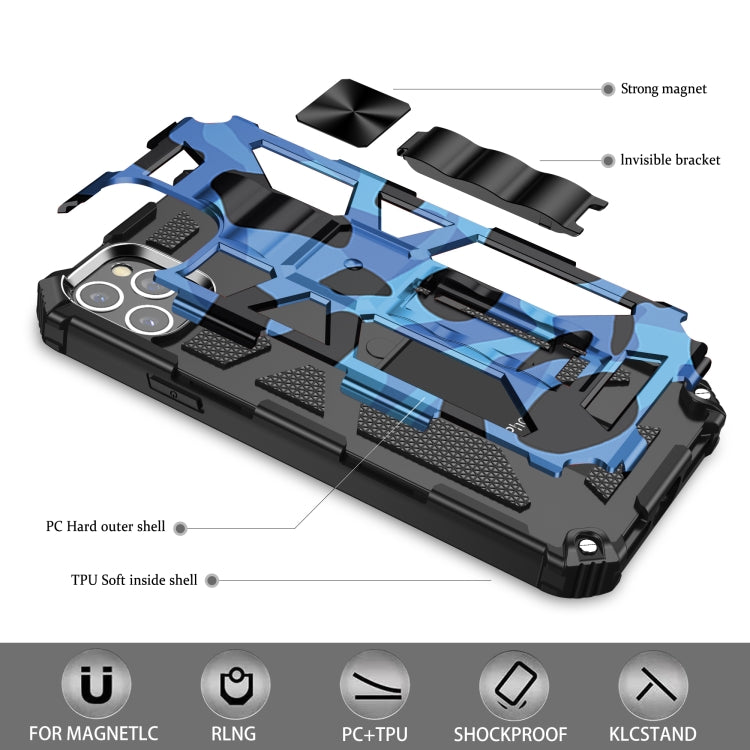 For iPhone 12 / 12 Pro Camouflage Armor Shockproof TPU + PC Magnetic Protective Case with Holder(Dark Blue) by buy2fix